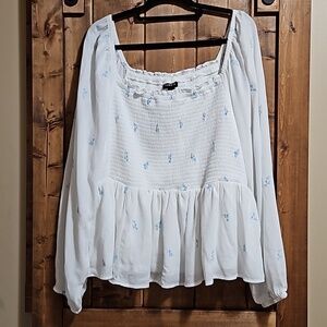 Torrid White Rayon Slub Smocked Bodice Long Sleeve Cropped Blouse 2X